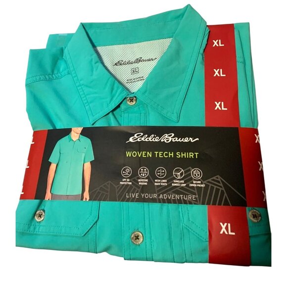 New Eddie Bauer Mens Sz XL Short Sleeve Button Up Green Moisture Wicking Mesh Li - Picture 1 of 5